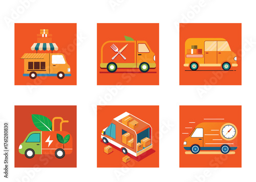 Set Food Trucks Icons Commercial vehicles for culinary business energy transport on orange background