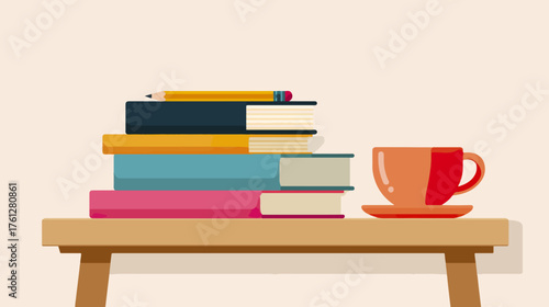 Books and coffee cup on tabletop with pencil flat vector illustration