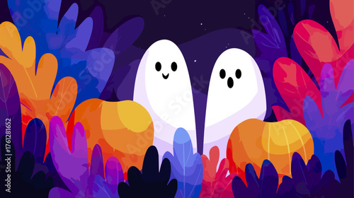 Cartoon ghosts and pumpkins illustration for halloween