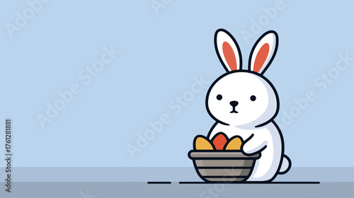 Cartoon rabbit with easter eggs in a basket on light blue background