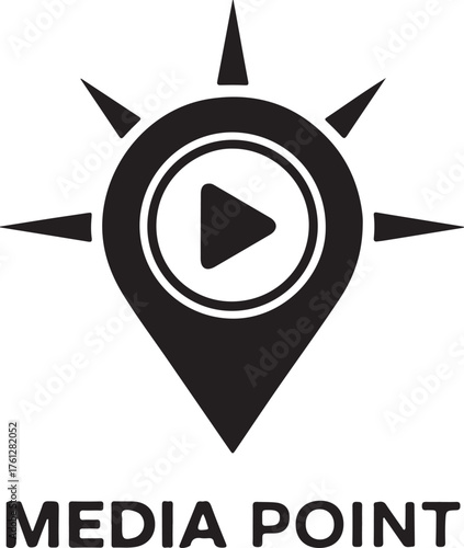 Creative media point logo design featuring a play button within a location pin symbol for digital content creation and multimedia services isolated on transparent background