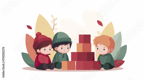 Children playing together with building blocks illustration