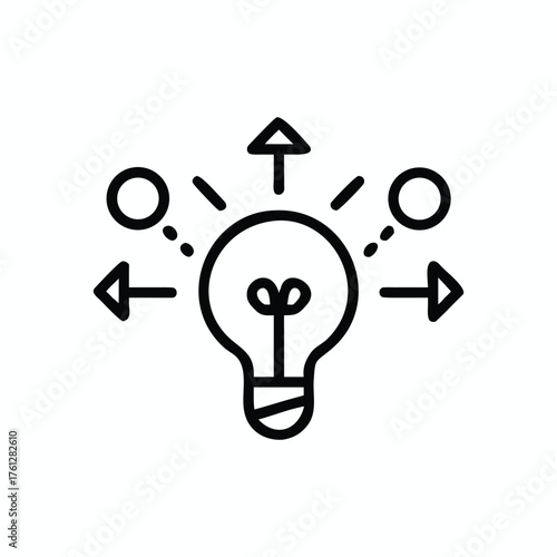 Creative idea generation vector icon with light bulb and radiating arrows representing innovation isolated on white background