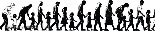 Silhouettes of Human Life Stages Walking from Childhood to Old Age, Calm Mood, One-Panel Aging and Journey Vector Scene