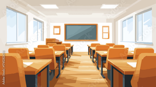 Classroom interior with desks chairs and blackboard