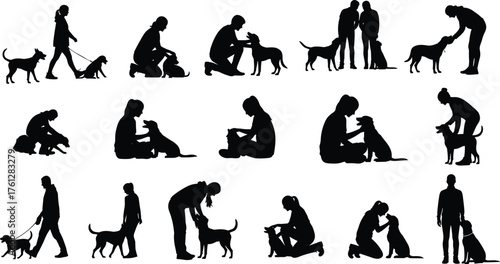Silhouettes of People and Dogs in Varied Activities and Poses, Calm Mood, One-Panel Pet Interaction and Bonding Vector Scene