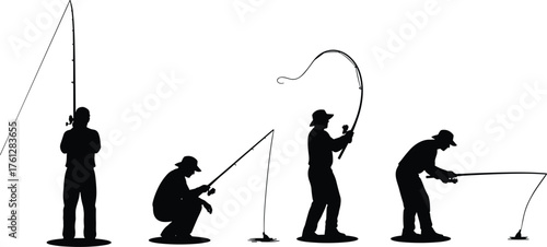 Silhouettes of People Fishing in Various Poses with Rods and Reeling Actions, Calm Mood, One-Panel Outdoor Activity Vector