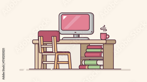 Desk with computer and books illustration