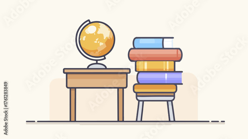Desk with globe and books illustration