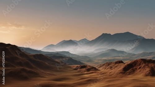 Fototapeta Naklejka Na Ścianę i Meble -  Majestic Mountain Range: Capturing the serene beauty of a mountain range under a twilight sky, the landscape exudes a sense of vastness and tranquility.