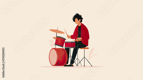 Drummer playing drum set illustration musical performance