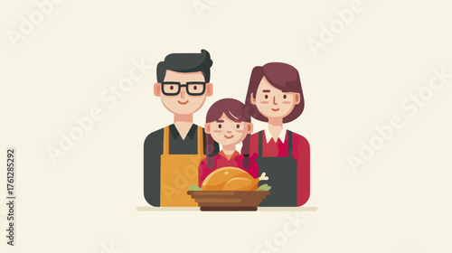 Family with roasted chicken illustration vector