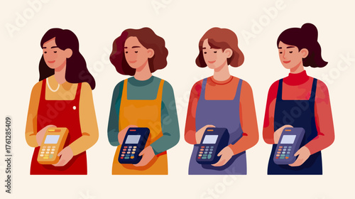 Female characters holding payment terminals illustration