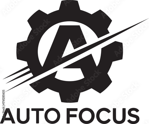 Automotive mechanical gear with letter a symbol and 'auto focus' text for auto industry branding and technology isolated on transparent background