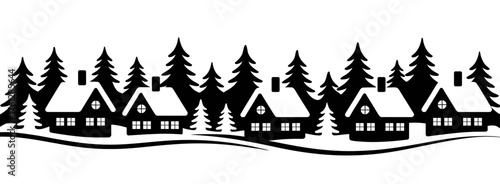 Black and white vector illustration of winter village houses and pine trees silhouette for Christmas border and holiday decoration design