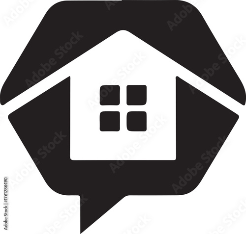 Abstract geometric house emblem with a stylized window inside a speech bubble shape and hexagonal outer frame ideal for real estate or communication logos isolated on transparent background