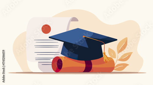 Graduation cap diploma and certificate education concept illustration
