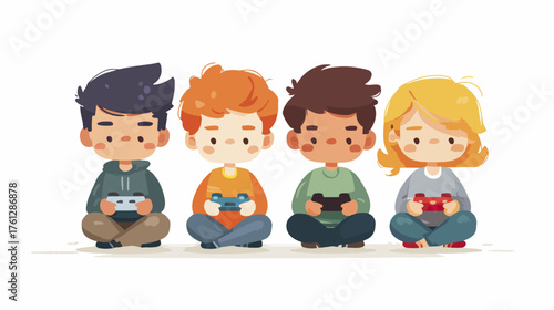Group of children playing video games with controllers