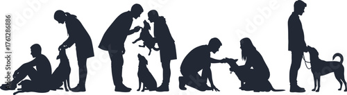 Silhouettes of People Interacting with Dogs in Sitting, Petting, Training, and Leash Poses, Calm Mood, One-Panel Vector