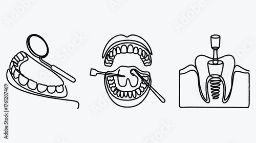Dental health illustration showing a mouth with teeth and dental care equipment