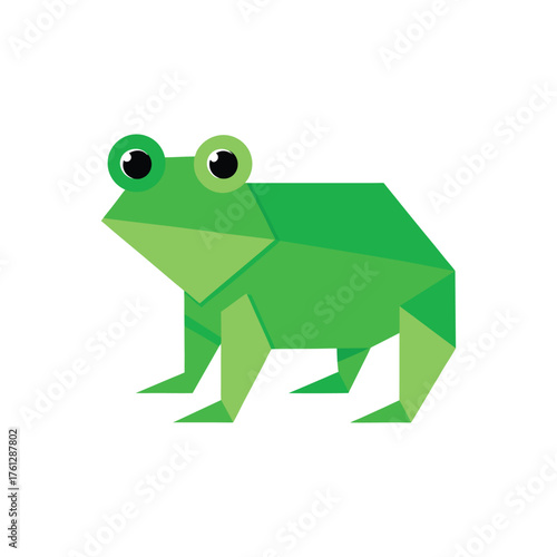 A vibrant green origami frog with large expressive eyes presented on a clean white background