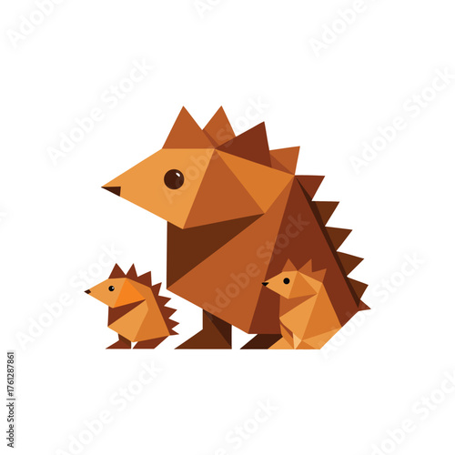 Geometric origami-style family of hedgehogs with a parent and two youngsters standing together