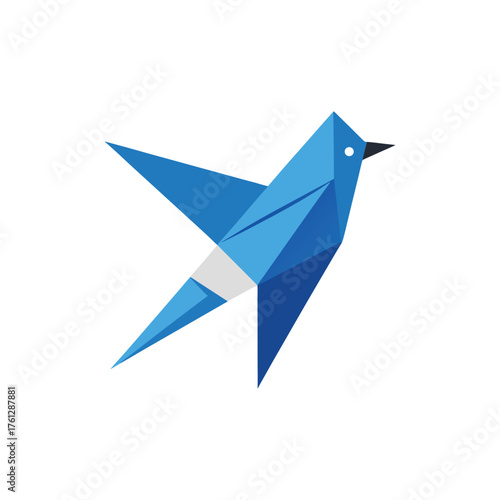 Vibrant blue origami bird in flight with geometric folds and sharp angles