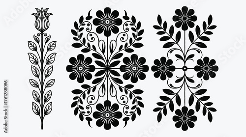 Elegant Floral Designs in Black and White for Graphic Elements