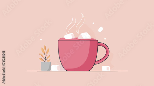 Hot beverage illustration with marshmallows and plant