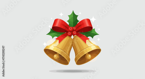 Vector Illustration of Christmas Bells with Holly Leaves and Red Ribbon in Festive Style
