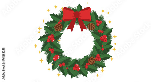 Vector Christmas Wreath Illustration with Pinecones Holly Berries and Red Bow in Festive Style