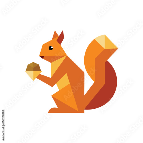 Stylized geometric orange squirrel holding a nut in a flat design illustration