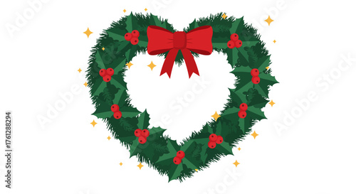 Vector Christmas Wreath Illustration with Holly Leaves Red Berries and Bow in Festive Style