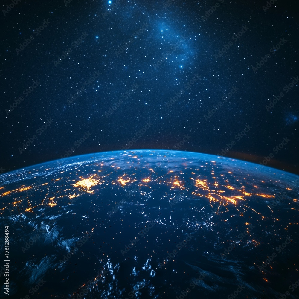 Obraz premium Minimalist Sci-Fi Starry Sky Mobile Wallpaper with Glowing Lights and Lines on Earth