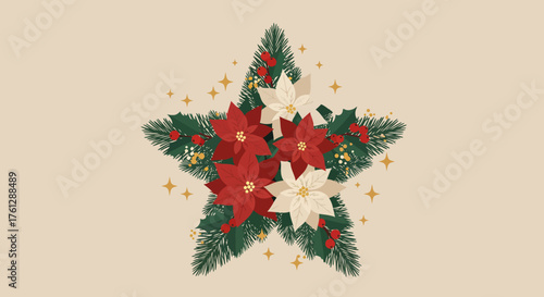 Vector Christmas Floral Pattern with Poinsettia and Evergreen Elements in Elegant Vintage Style for Holiday Design