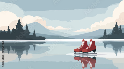 Ice skates on frozen lake landscape illustration
