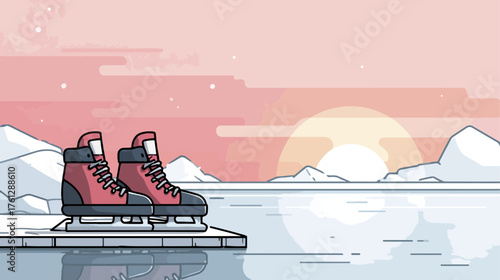 Ice skates on frozen surface against sunset winter landscape