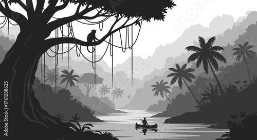 A grayscale illustration of a person canoeing down a river through a lush jungle landscape, with a monkey perched on a tree branch.