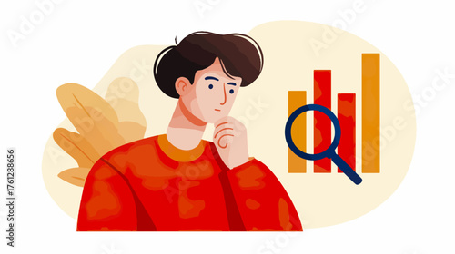 Illustration of a man analyzing financial data with a magnifying glass