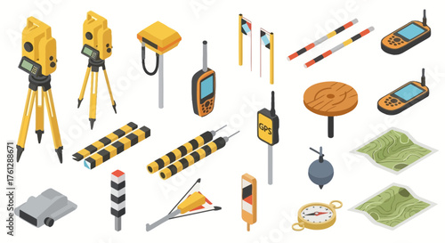 Isometric illustration showcasing various surveying equipment including theodolites, GPS devices, leveling rods, maps, and other tools used in land measurement.