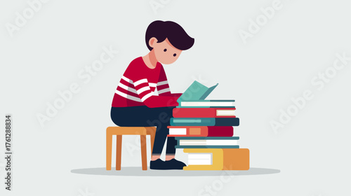 Illustration of a person reading a book sitting on a stool with stack of books