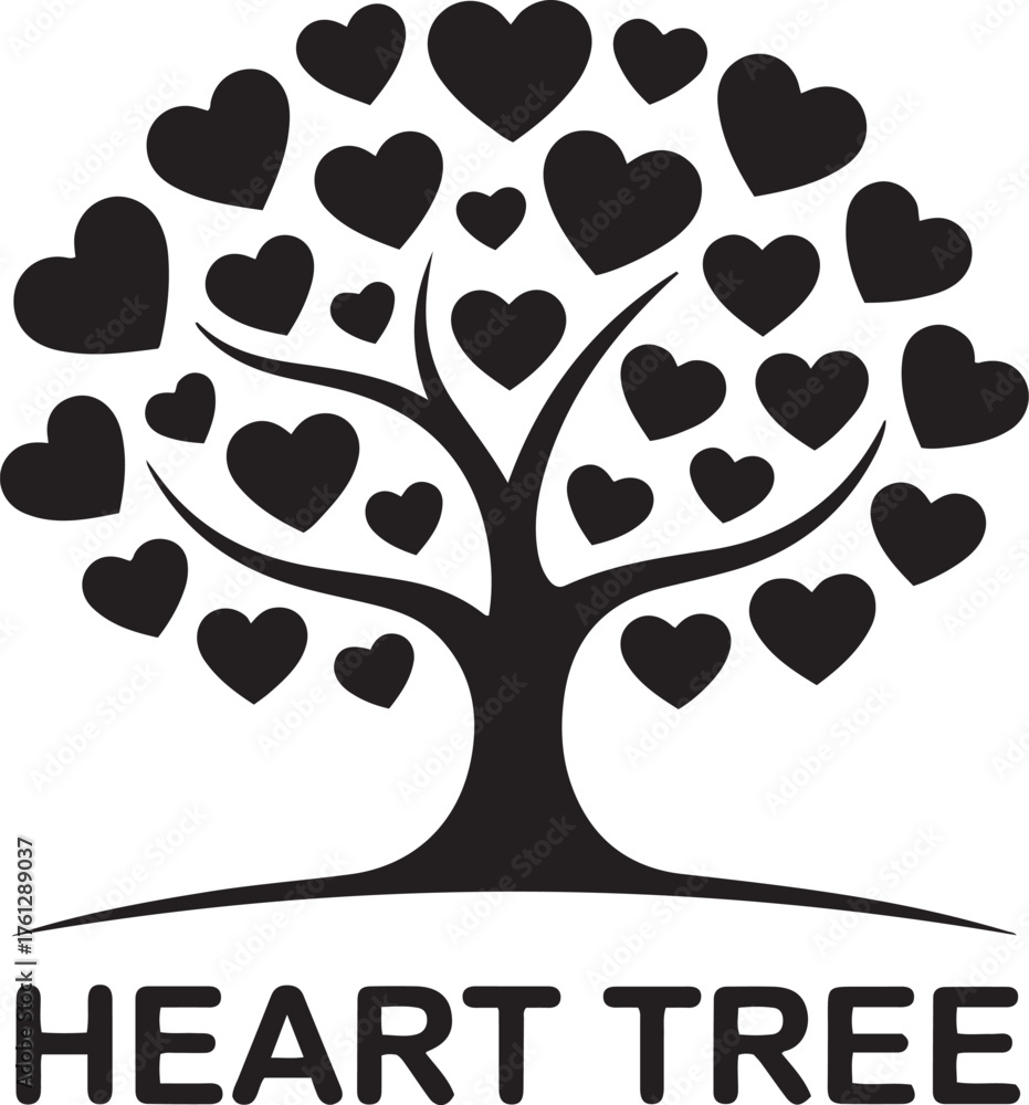 Fototapeta premium Symbolic heart tree silhouette with text 'heart tree' represents love growth family friendship health and wellbeing in a decorative design isolated on transparent background