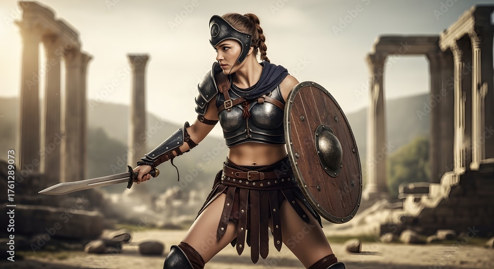 Naklejka premium Heroic female gladiator scene, leather armor glinting, ruins behind, cinematic composition and lighting.
