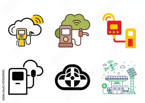 Cloud Computing Gas Station Wireless Connectivity Smart Fueling Icons Set Cloud Fuel Pump Network Data Exchange Graphics