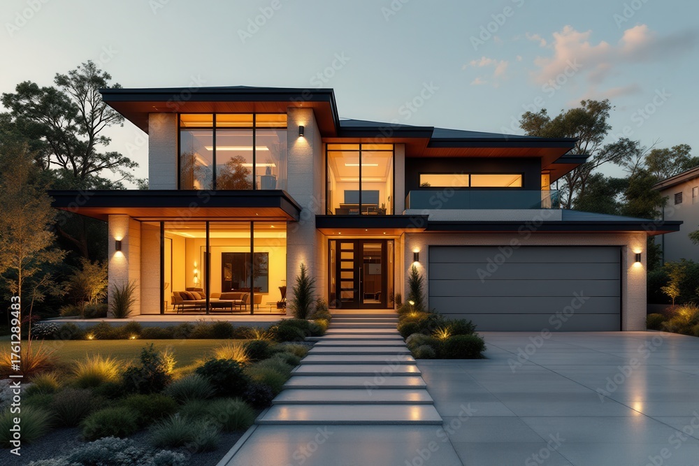 Obraz premium luxury contemporary home entrance evening