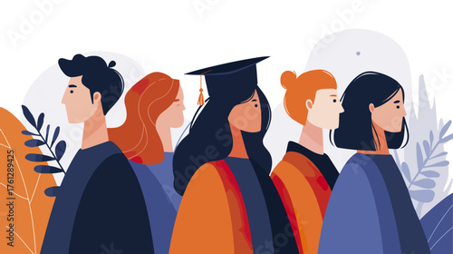 Illustration of diverse students wearing graduation gowns