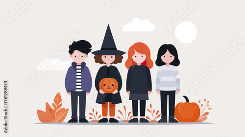 Illustration of four children in halloween costumes with pumpkins and autumn leaves