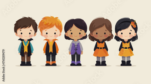 Illustration of five cartoon children dressed for autumn
