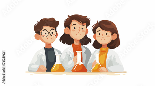 Illustration of scientists with beakers representing experimentation and research