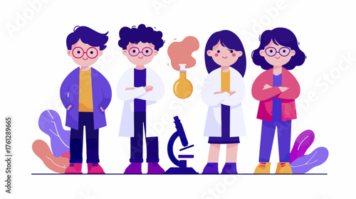 Illustration of scientists with laboratory equipment in a clean environment